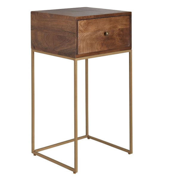 Table de chevet Wohnling Manguier bois massif / métal 40x75,5x35 cm table de chevet lit à sommier tapissier, console de nuit design avec tiroir, WL6.478