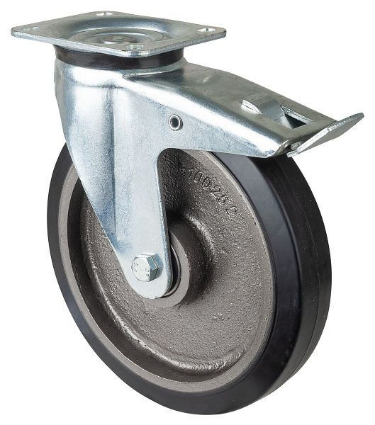 BS Rolls Roulette robuste avec frein, largeur 50 mm, Ø250 mm, jusqu'à 500 kg, bandages élastiques noirs, corps de roue coulé, roulements à billes, L620.B81.250