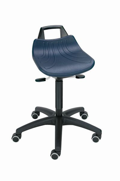 Lotz "Extremely confortable" aide debout, siège PU bleu, grand, hauteur d'assise 520-710mm, base en plastique noir, roulettes doubles avec freins, 3662.11