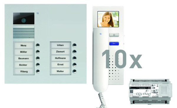 Vidéo du système de contrôle de porte TCS : pack UP pour 10 unités d'habitation, avec platine de rue AVU 10 boutons de sonnerie, 10x visiophone IVH3222, commande, PVU16100-0010