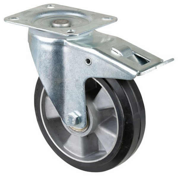 Rouleau de transport BS rollers avec frein, largeur 50 mm, Ø180 mm, jusqu'à 300 kg, pneus élastiques noirs, corps de roue en aluminium, roulements à billes, L420.B80.180