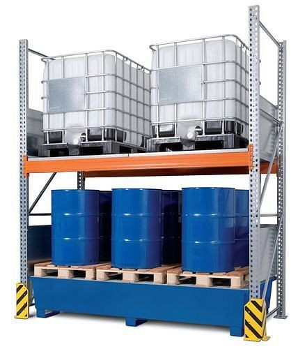 Rayonnage combiné DENIOS 3 K4-I.13 avec bac de récupération revêtu, pour 4 IBC de 1000 litres chacun, champ de base, 209-419