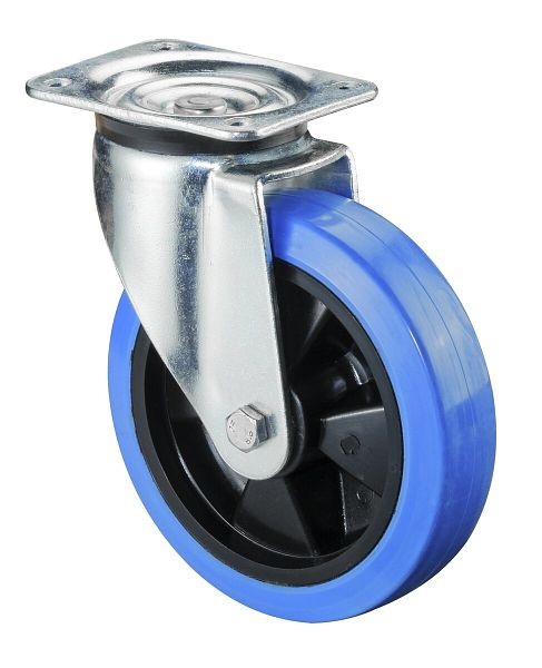 Roulette robuste BS Wheels, largeur de roue 50 mm, Ø roue 200 mm, capacité de charge 400 kg, bandages élastiques bleus, corps de roue en plastique, roulement à rouleaux, L600.B61.200