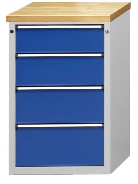 Armoire latérale ANKE; 665 x 650 x 1020 mm; RAL 7035/5010; Plateau en hêtre massif 40 mm; 4 tiroirs 180, 210, 240, 270 mm, 600.307