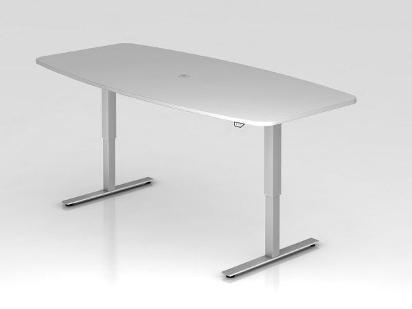 Table de conférence Hammerbacher avec interrupteur à bouton-poussoir, grise, en forme de tonneau, avec 1 sortie de câble 8 cm, VXMST22/5/S