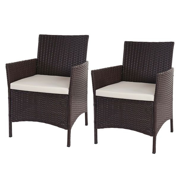 Ensemble de 2 chaises de jardin Mendler en rotin poly Halden, chaises en osier, marron chiné, coussins crème, 52033