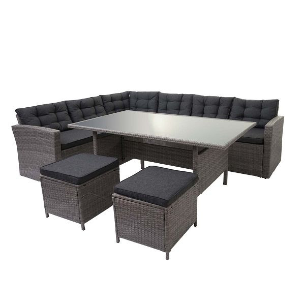 Ensemble de polyrotin Mendler HWC-A29, ensemble de jardin, ensemble de table à manger de salon, canapé, gris, coussins gris + 2x tabourets, 76640+76641