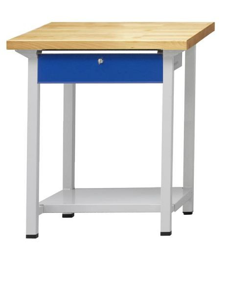 Table de travail ANKE; 800x800 mm; RAL 7035/5010; 1x tiroir suspendu (BL); 1x étagère de rangement en tôle d'acier de 600 mm de profondeur