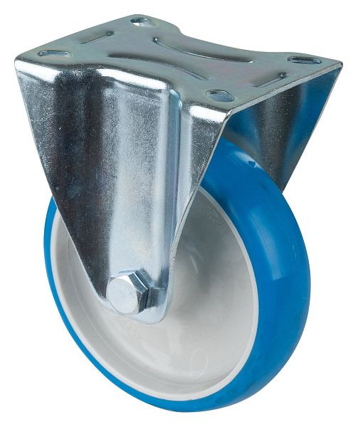 Rouleau de transport BS rollers, rouleau fixe, largeur 32 mm, Ø125 mm, jusqu'à 150 kg, polyuréthane bleu, corps de roue en plastique, roulement à rouleaux, plaque, L410.B36.125