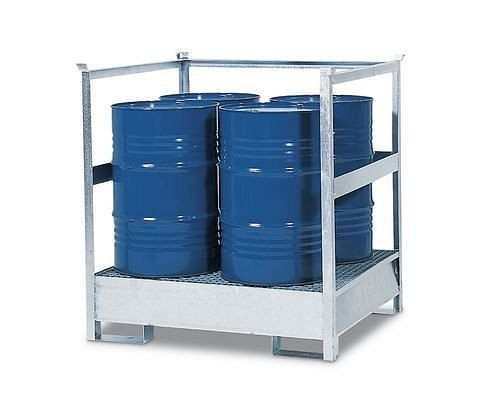 Station de matières dangereuses DENIOS 4 P2-R-V50 en acier, galvanisé, pour 4 fûts de 200 litres chacun, avec cadre, empilable, 178-418