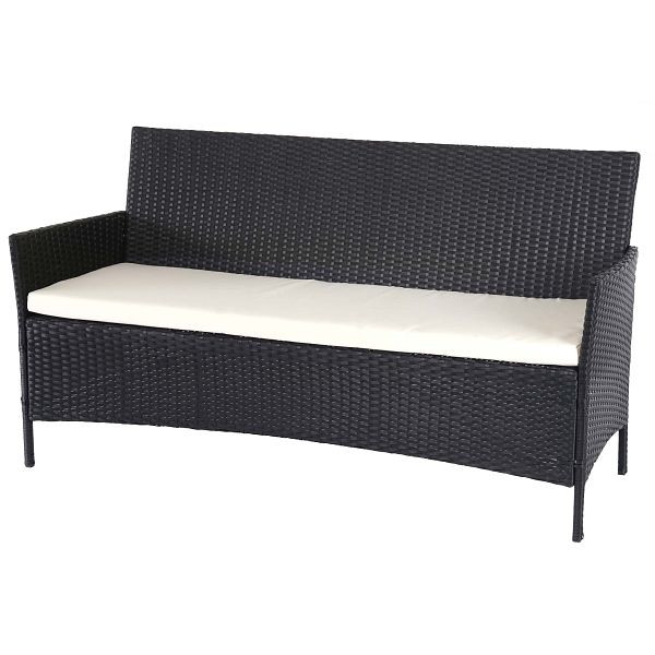 Banc de jardin 3 places en polyrotin Mendler Halden, banc, anthracite, coussin crème, 64282