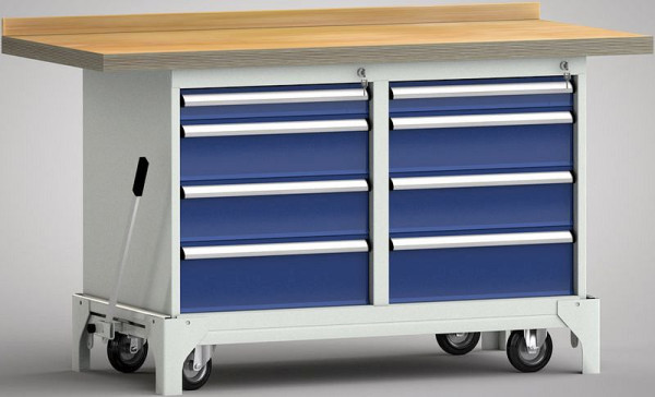 Etabli professionnel mobile KLW, 1500 x 700 x 871 mm, avec plateau multiplex en hêtre, avec panneau arrière, WP782N-1500M45-E7060