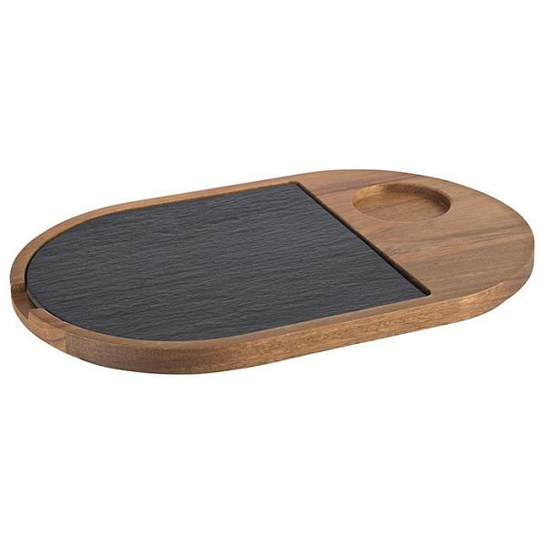 Planche de service APS, 2 parties, 28 x 17,5 cm, hauteur : 2 cm, bois d'acacia, ardoise naturelle, avec talon : Ø 5 cm, 00814