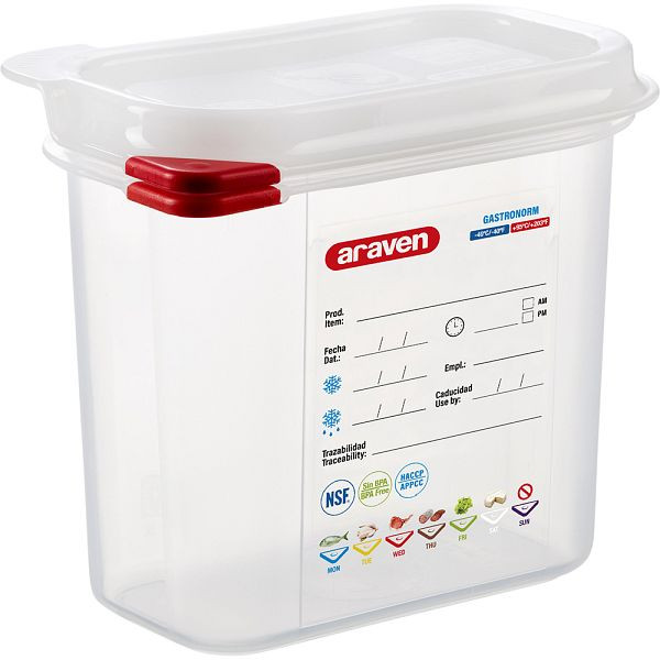 Bac Gastronorm Araven avec couvercle, polypropylène, GN 1/9 (150 mm), GN1519150