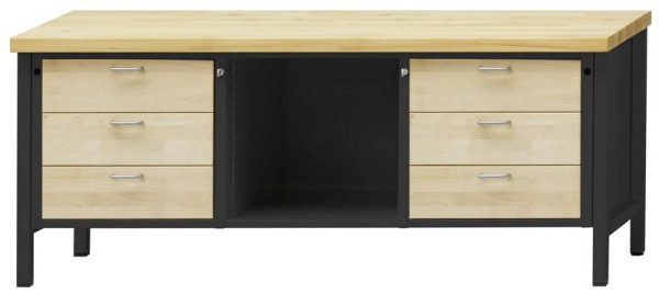 Établi d'armoire ANKE; 2000x700mm; Hêtre plaque solide; 3 tiroirs à gauche; Compartiment central ouvert; A droite 3 tiroirs 180 mm