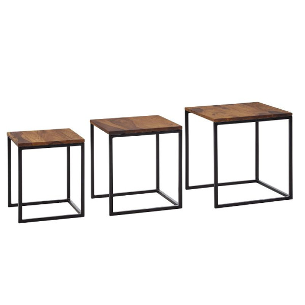 Wohnling Lot de 3 tables d'appoint carrées en bois massif/métal Sheesham, design moderne, table basse 3 pièces, table de salon, gain de place WL6.520