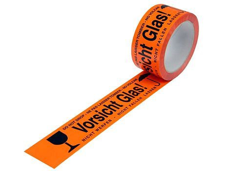 Ruban adhésif d'avertissement DENIOS, PP, impression Caution Glass, en orange d'avertissement, 50 mm de large x 66 m, paquet : 12 rouleaux, 299574