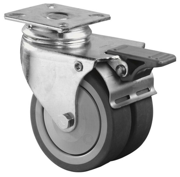Appareil à rouleaux BS double rouleau avec frein, largeur 2x24 mm, Ø75 mm, jusqu'à 80 kg, bande de roulement en caoutchouc gris, roulement à billes, lot de 4, B120.A85.075
