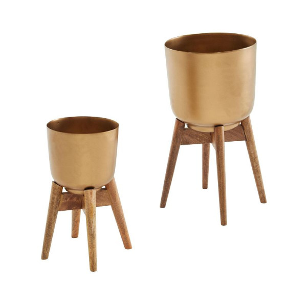 Wohnling Pot de fleurs Lot de 2 pots de fleurs en métal/bois massif doré avec pieds, pot de fleurs design rond, pot de fleurs, WL6.631