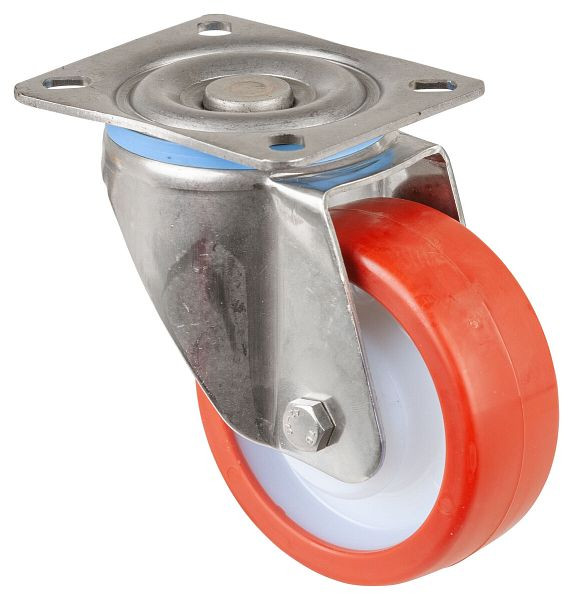 Roulette pivotante pour charges lourdes en acier inoxydable BS Rollers, roue en acier inoxydable, roue en polyuréthane rouge, palier lisse, plaque à visser, diamètre 100 mm, HS100.B27.100