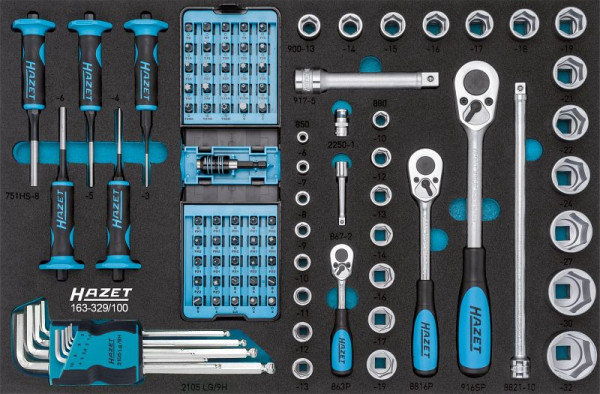 Jeu d'outils Hazet, carré creux 6,3 mm, carré creux 10 mm, carré creux 12,5 mm, six pans plein 6,3, nombre d'outils : 100, 163-329/100