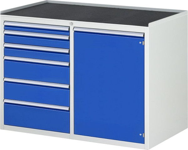Armoire à tiroirs RAU série 7000, L1145xP650xH825mm, gauche : tiroirs : H60, 2xH90, 2xH150, H180mm, droite : porte battante, support métallique, 03-LL5.24.12A-MT.11