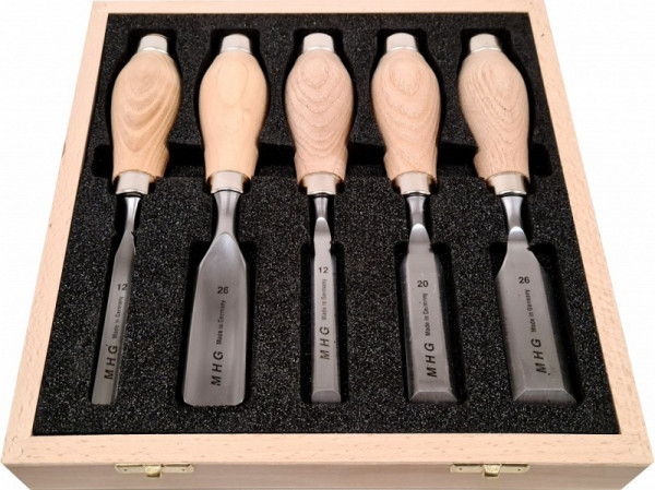 Jeu de ciseaux MHG court et ciseau court-creux dans une boîte en bois, poignée en frêne huilé, contenu: burin 12,20,26mm, burin creux 12,26 mm, taille: 5 pièces, KU13130.05