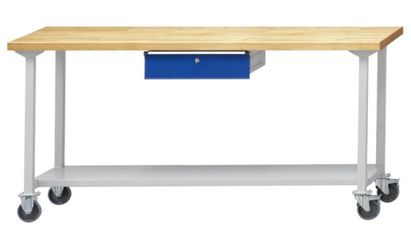 Table de travail ANKE; mobile; 2000x800 mm; RAL 7035/5010; 1xHängeschublade; 1x étagère de rangement en tôle d'acier de 600 mm de profondeur