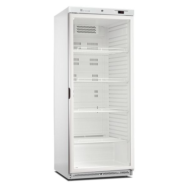 Réfrigérateur Marecos GN 2/1 avec porte vitrée en acier blanc série 600, refroidissement statique avec ventilateur, 221.103