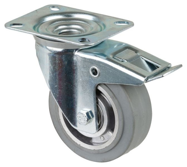 Rouleau de transport BS rollers avec frein, largeur 40 mm, Ø100 mm, jusqu'à 150 kg, pneus élastiques gris, corps de roue en aluminium, roulements à billes, L420.B83.100