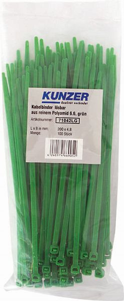Colliers de serrage Kunzer 200 x 4,8 verts (100 pièces) détachables, 71042LG