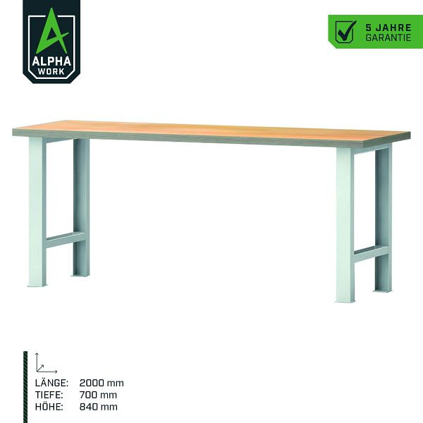 Etabli de base Alpha Work, 2000 x 840 x 700 mm, gris clair, plateau en hêtre multiplex, 07271