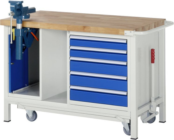 Etabli abaissable RAU 8000 - modèle 8187, L1250 x P700 x H880 mm, avec meuble étau, étagère en bas, 15-8187A6-127B4F.11
