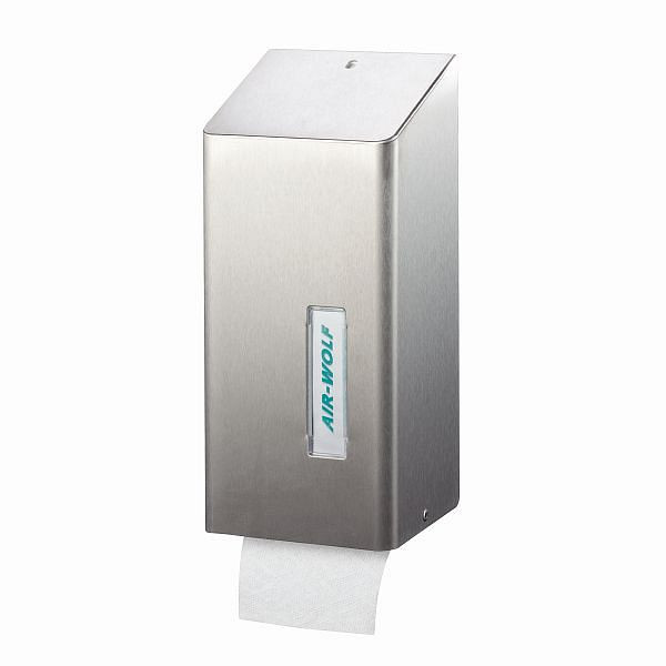 Distributeur de papier toilette Air Wolf pour feuilles simples, série Omega, H x L x P : 300 x 143 x 116 mm, acier inoxydable revêtu, 29-030