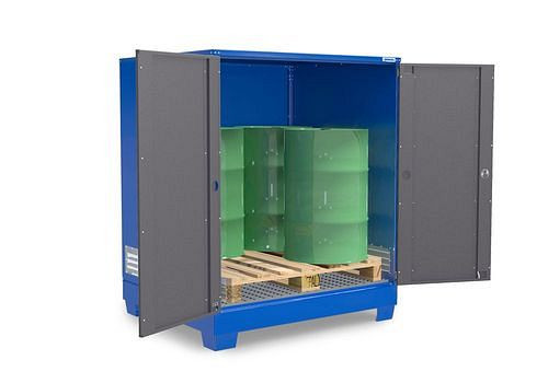 Dépôt de substances dangereuses DENIOS SteelSafe D4, avec portes, pour 4 fûts sur palette chimique, 220 l, 291-038