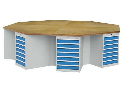 Établi octogonal Bedrunka+Hirth, profondeur 736, R 18-24, nombre de tiroirs par armoire : 7, dimensions en mm (LxPxH) : 3020 x 3020 x 859, 03.88.07V