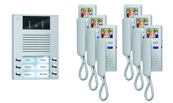 Vidéo du système de contrôle de porte TCS : pack AP pour 6 unités d'habitation, avec platine de rue AVE 6 boutons de sonnerie, 6x visiophone IVH3222, commande, PVE1560-0010