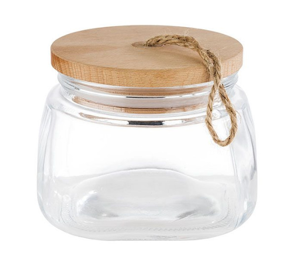 Pot de conservation APS -WOODY-, 14 x 14 cm, hauteur : 11 cm, verre, bois de pin, silicone, 1 litre, avec couvercle en bois, 82255