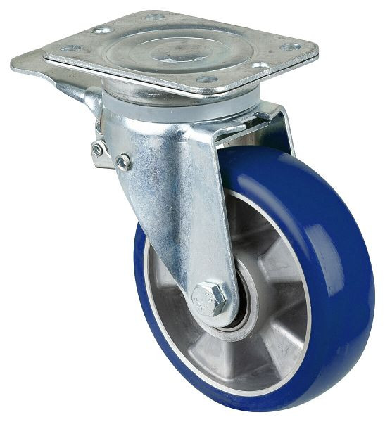 Roulette pivotante pour charges lourdes BS Rollers avec frein, roue en polyuréthane 83 Shore, jante en aluminium, roulement à billes, platine, diamètre : 160 mm, N120.B92.160