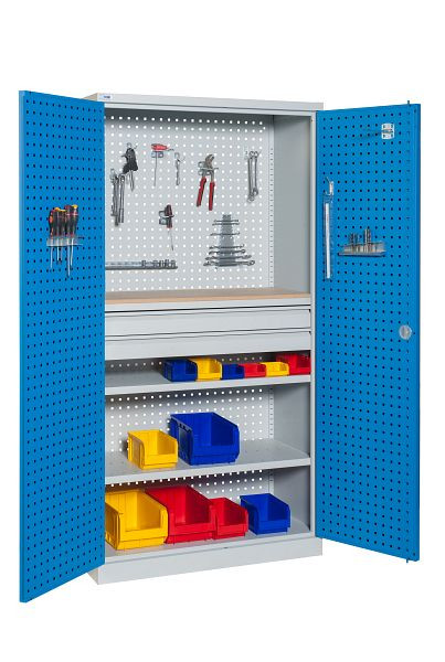 Meuble d'atelier SOFAME à panneaux perforés L 1000 x P 500 x H 1950 mm, avec 3 tiroirs et 2 étagères, W030080004GCBI