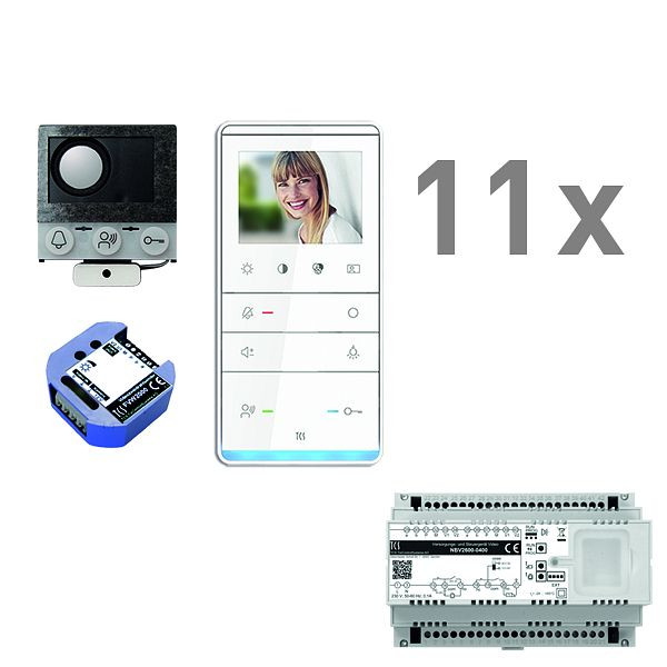 Boîte vocale encastrable vidéo TCS, 11 unités résidentielles, haut-parleur encastrable ASI12000 + 11x haut-parleur mains libres IVW5111, centrale + transmetteur vidéo bifilaire, PVIF110/001