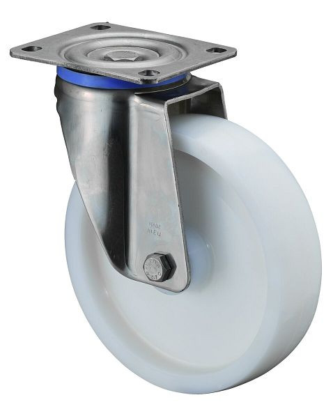Roulettes pivotantes pour charges lourdes en acier inoxydable, roue en acier inoxydable, roue en plastique, roulement lisse, plaque à visser 200 mm, capacité de charge 700 kg, HS100.A90.200