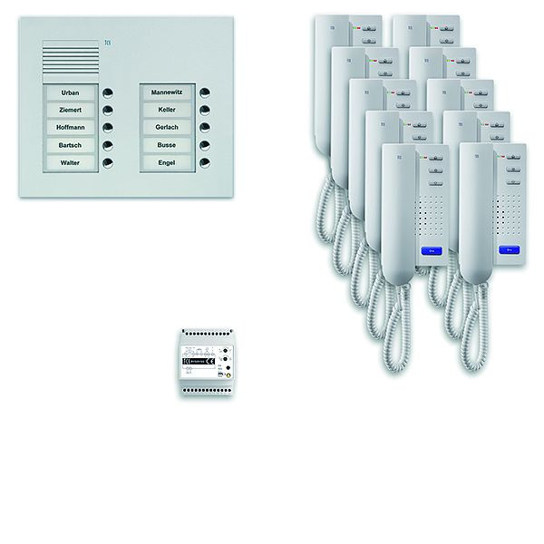 Système de commande de porte audio TCS : pack UP pour 10 unités résidentielles, avec poste extérieur PUK 10 boutons de sonnerie 2 colonnes, 10x interphones ISH3030, commande, PPU10 / 2-EN / 02