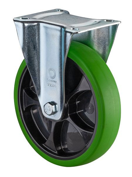 Rouleaux de transport à rouleaux fixes BS, roue en caoutchouc thermoplastique, pneu vert, jante noire, roulement à rouleaux, plaque, diamètre : 200 mm, L410.B44.201.04