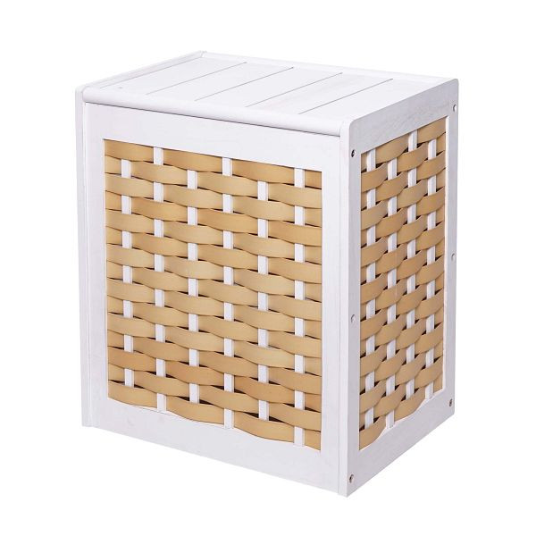 Panier à linge Mendler HWC-G37, panier à linge pour trieur de linge, maille en bois massif aspect shabby 61x51x35cm, blanc, 72818