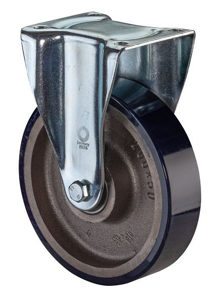 Roues BS Roulette robuste, roulette fixe, largeur de roue 50 mm, Ø roue 200 mm, capacité de charge 600 kg, polyuréthane coulé 78 Shore A, fonte, roulement à billes, N110.C11.201