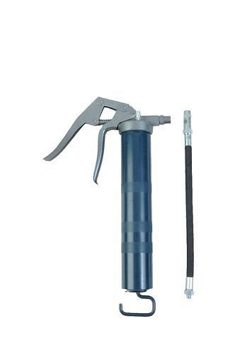 Pistolet graisseur à une main DENIOS HP4-H, en acier, pour cartouches de 400 g, avec embout à 4 mors et tuyau haute pression, 207983