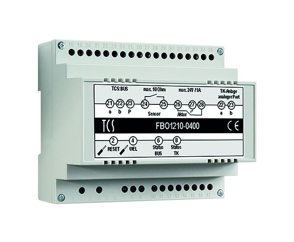 Interface TCS pour la connexion à des systèmes de télécommunication via un port analogique, jusqu'à 64 destinations d'appel (numéro de téléphone à 5 chiffres), rail DIN 6 HP, version 2020, FBO1210-0400