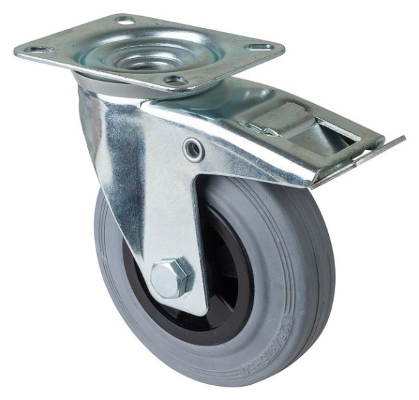 Rouleau de transport BS rollers avec frein, largeur 37,5 mm, Ø125 mm, jusqu'à 100 kg, caoutchouc gris, roulement à rouleaux, plaque, lot de 2, L420.B46.125