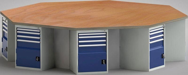 Etabli KLW PROFI de forme octogonale (version ERGO) avec plateau multiplex en hêtre de forme octogonale 3259 x 3259 x 45 mm L x l x P, en 3 parties, WP670E-1350M45-E8001